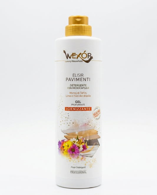 Wexór Elisir Pavimenti Gel Profumante 750 ml, detergente gel per pavimenti con microcapsule e profumazione di Monoi di Tahiti, lime e fiori del Brasile, ideale per la pulizia delle superfici e per lasciare un piacevole profumo nell'ambiente.