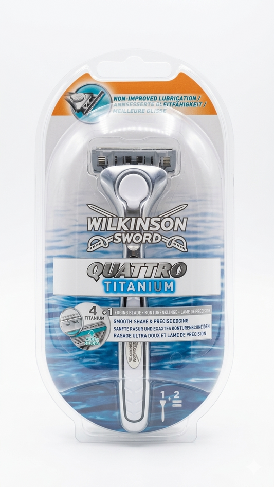 Rasoio Wilkinson Sword Quattro Titanium Uomo – Versione Originale Anni 2000 Fondo di Magazzino Sigillato con 4+1 Lame al Titanio