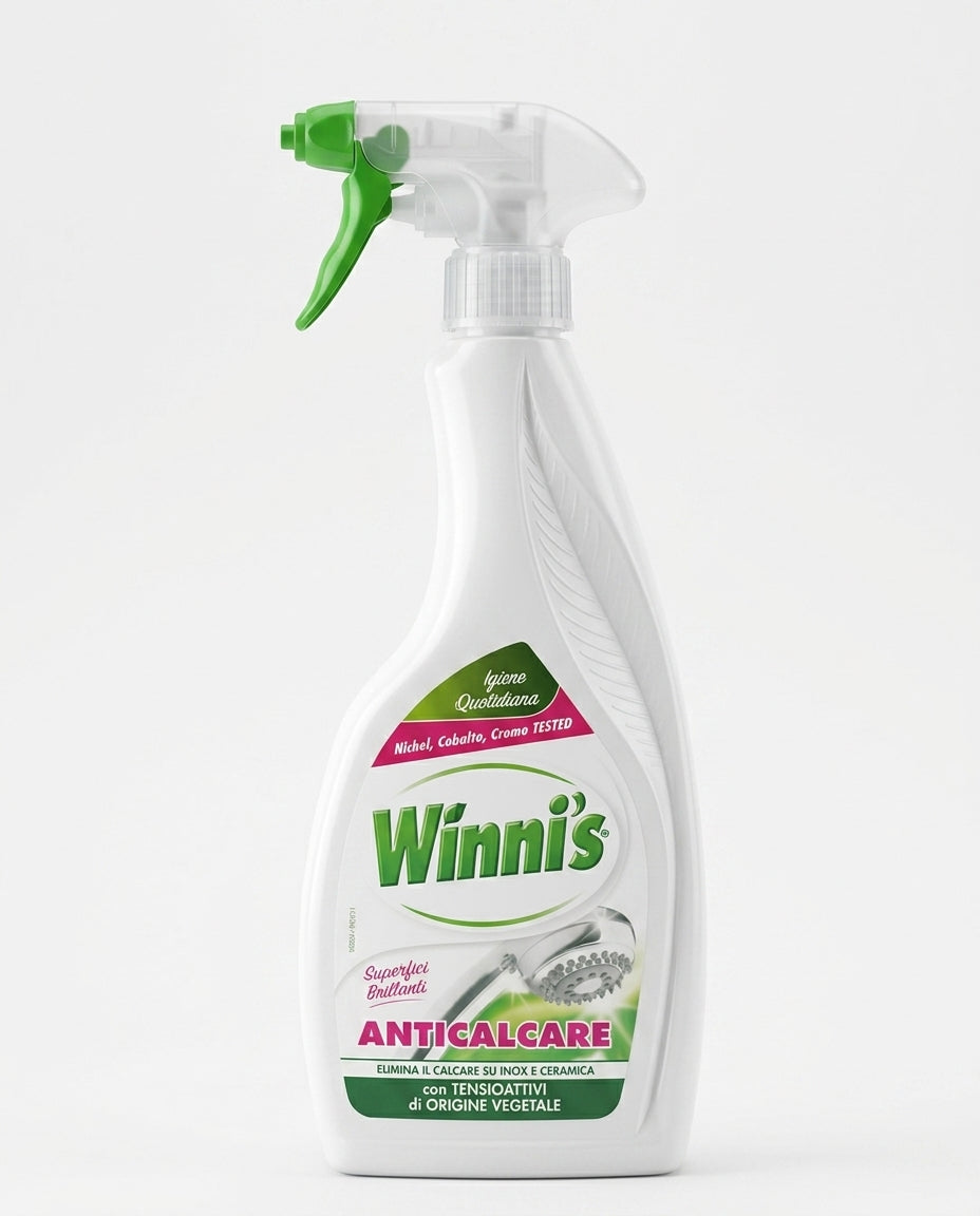 Winni's Naturel Anticalcare Spray 500 ml, anticalcare biodegradabile con formula 100% vegetale per la pulizia di acciaio e ceramica, con caratteristiche ecologiche certificate.