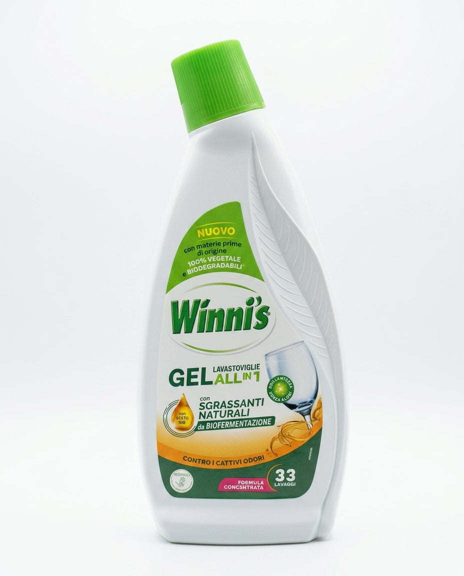 Winni's Gel Lavastoviglie All in 1 561 ml, 33 lavaggi, con formula concentrata e sgrassanti naturali da biofermentazione, aceto biologico e certificazione VeganOK, per stoviglie sgrassate e brillanti senza aloni, efficace a 50°C e nei cicli brevi.