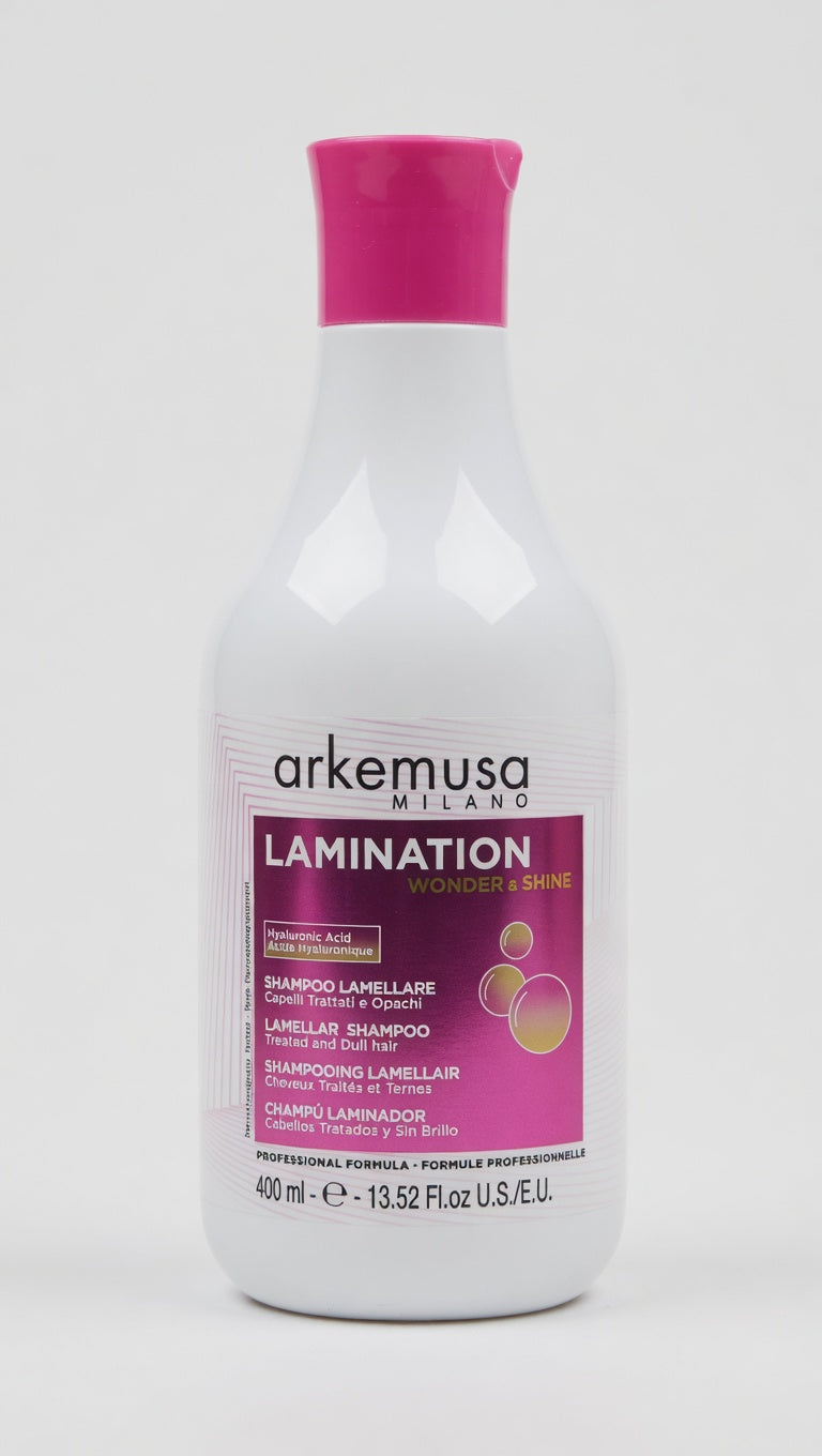 Arkemusa Milano Lamination Wonder & Shine | Shampoo Lamellare 400 ml | Per Capelli Trattati e Opachi | Con Acido Ialuronico e Olio di Macadamia Bio | Detersione Idratante Extra Brillantezza