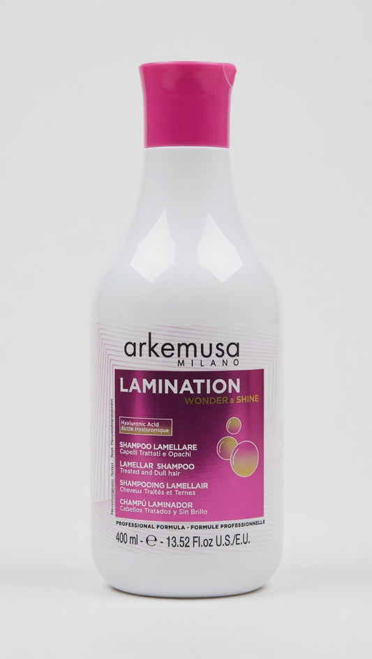Arkemusa Milano Lamination Wonder & Shine | Shampoo Lamellare 400 ml | Per Capelli Trattati e Opachi | Con Acido Ialuronico e Olio di Macadamia Bio | Detersione Idratante Extra Brillantezza