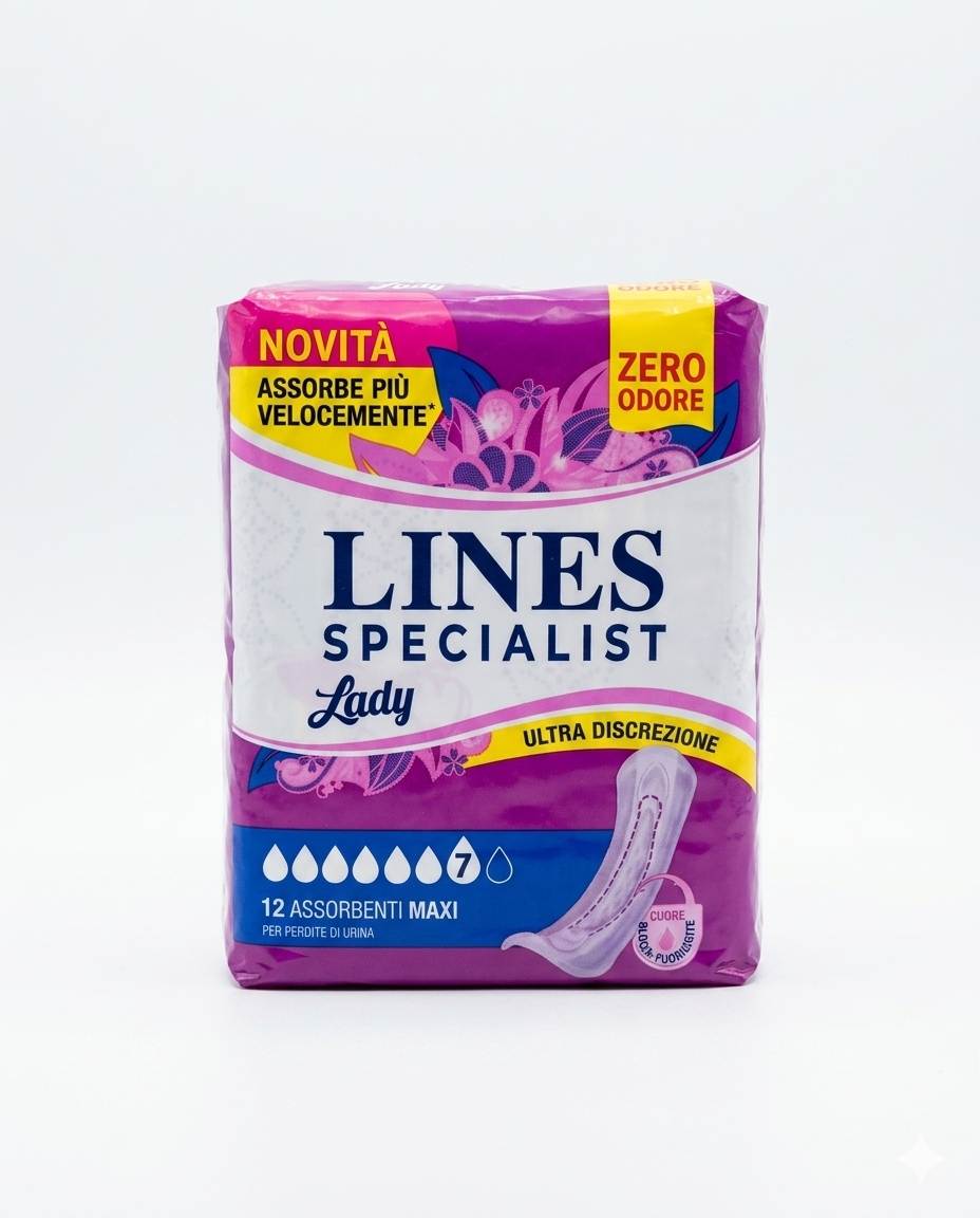 Lines Specialist Lady Maxi 12 Pezzi – Assorbenti Ultra Sottili per Incontinenza Elevata – Tecnologia Zero Odore e Protezione Avanzata – Comfort Invisibile