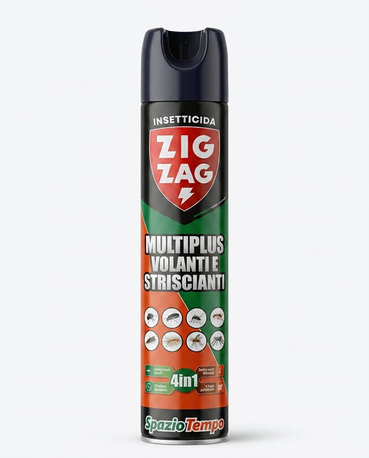 Zig Zag Multiplus 4 in 1 Insetticida Spray Volanti e Striscianti 500 ml, azione rapida e persistente con effetto spazio-tempo contro mosche, zanzare, tarme, scarafaggi, formiche, ragni e altri insetti, a base d’acqua, per uso in aria e sulle superfici, Presidio Medico Chirurgico Reg. N. 11447.